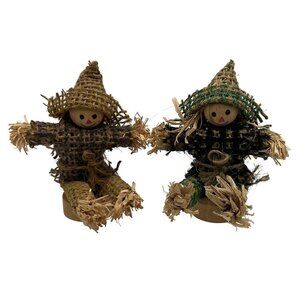 Rustic Set Of 2 Mini Scarecrow Shelf Sitters Wood Burlap Straw Fall Decor 3.5"